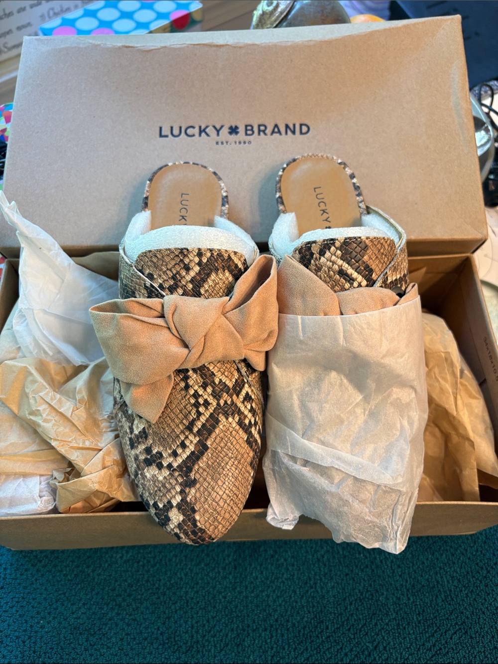 LuckyBrand Tan Snake-Print Bow Mules- Style LK-Florean